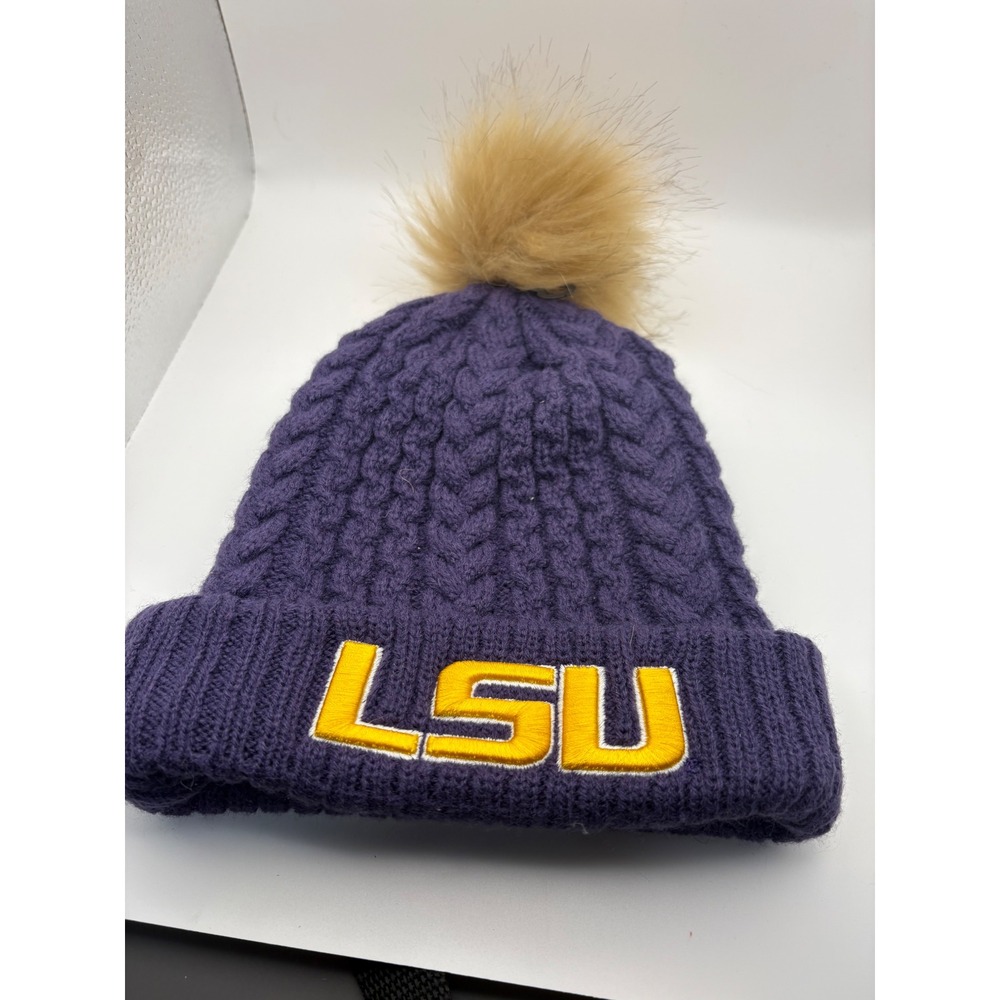 New Era LSU Tigers Purple Cable Knit Beanie Faux Fur Pom Pom Winter Hat Womens